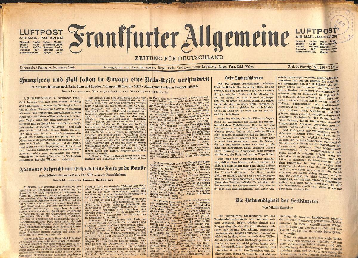 Franffurter Allgemeine 6 November 1964 -Sumphren Und Rollen İn Eurapa Eine Uata - Krite Verhindern GZ141889 - 1