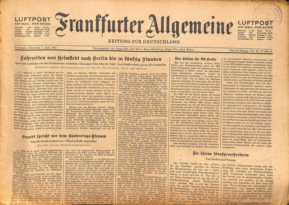 Franffurter Allgemeine 7 April 1965 - Fahrzeiten Von Selmfteot Nadj Berlin Bis Zu Fünfzig Stunden GZ141329 - 1