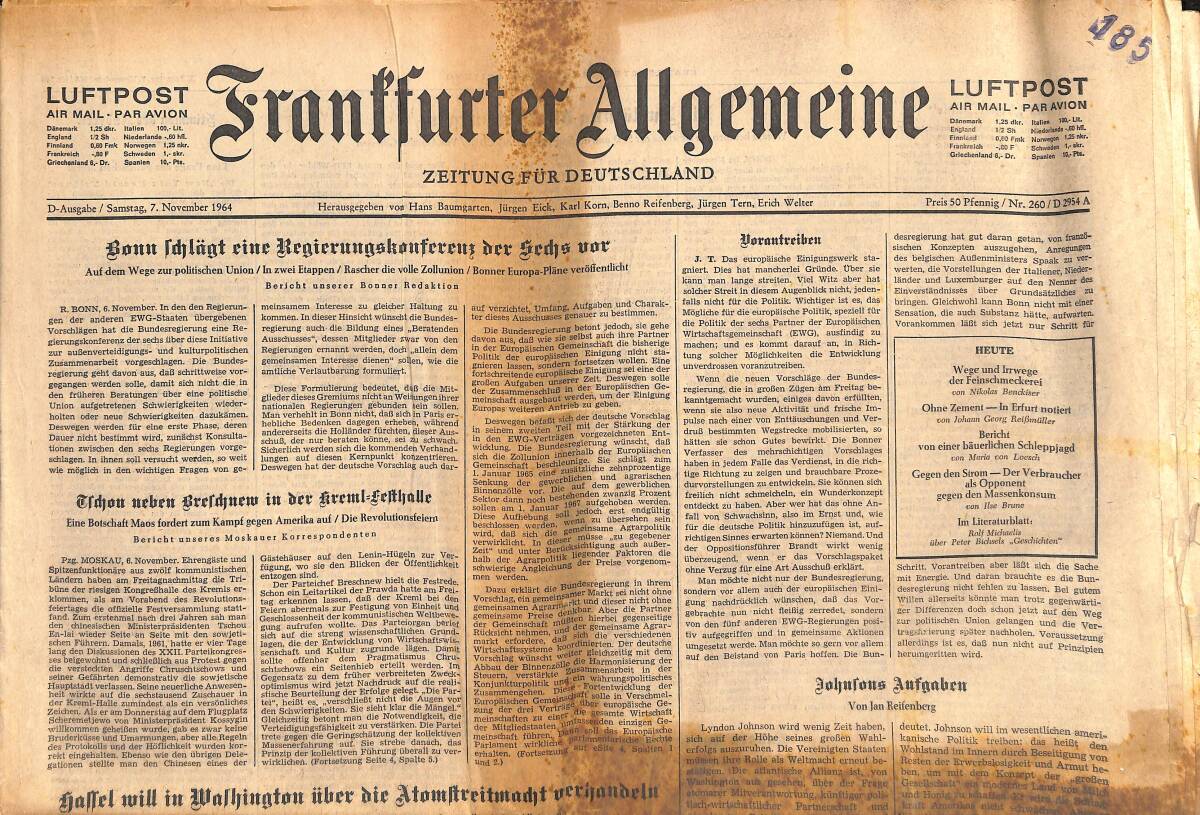 Franffurter Allgemeine 7 November 1964 - Bann Rdjlögt Eine Regierungskonferenz Der Sendjs Vor GZ141890 - 1