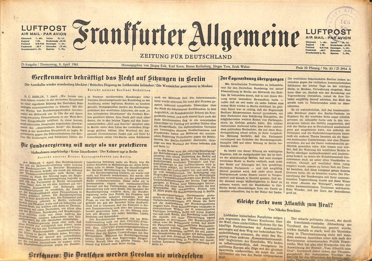 Franffurter Allgemeine 8 April 1965 - Berlfenmaier Bekraftigt Das Reaht Auf Sikungen İn Berlin GZ141330 - 1