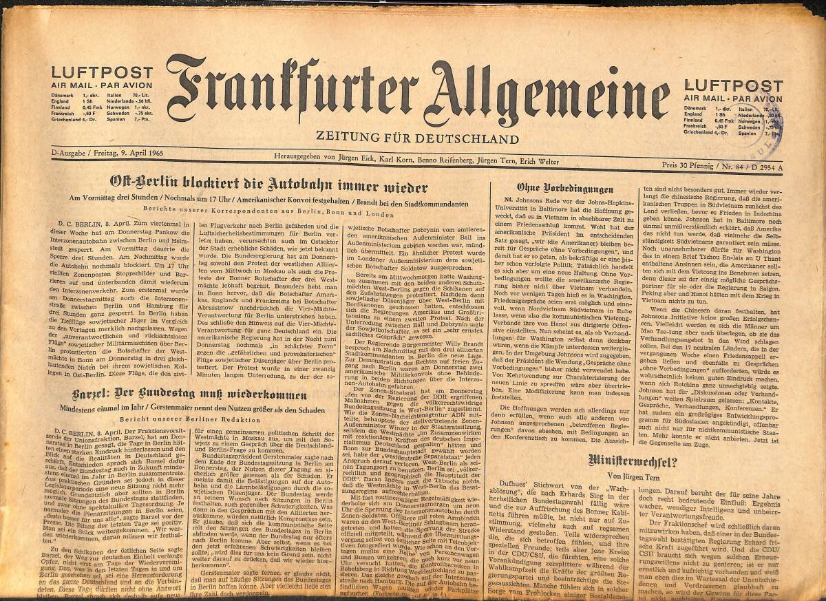 Franffurter Allgemeine 9 April 1965 - Barsel: Der Bundestag Muk Mirderkommen GZ141331 - 1