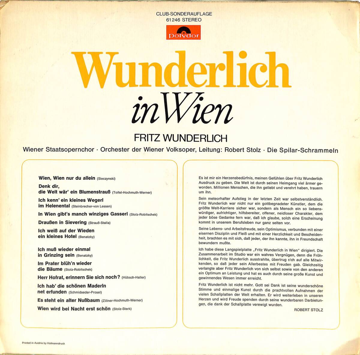 Fritz Wunderlich – Wunderlich in Wien | Polydor 33'lük LP (Long Play) PLAK (10/8.5) ''Orijinal Avusturya Baskısı'' PLK28179 - 3
