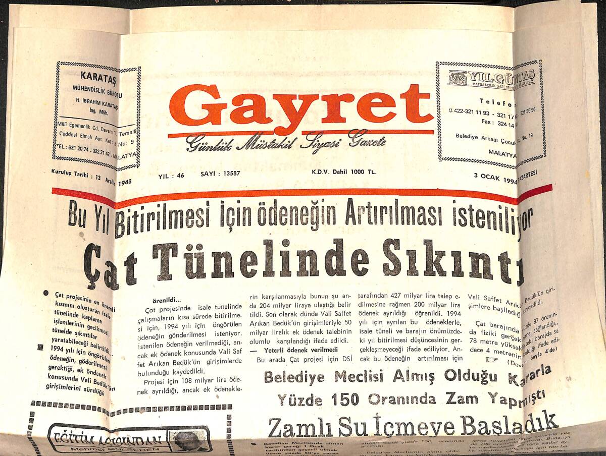 Gayret Günlük Müstakil Siyasi Gazete 3 Ocak 1994 - Çat Tünelinde Sıkıntı GZ160823 - 1