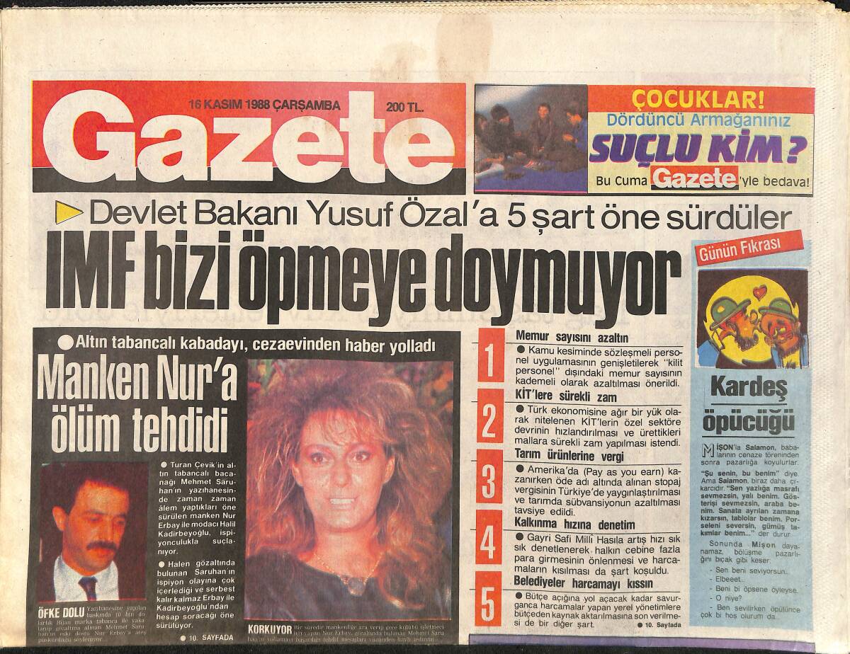 Gazete Gazetesi 16 Kasım 1988 - Galatasaray'ın Kalbi İsviçre'de Atıyor - Özal'ı 850 Kişi Koruyor GZ3348 - 1