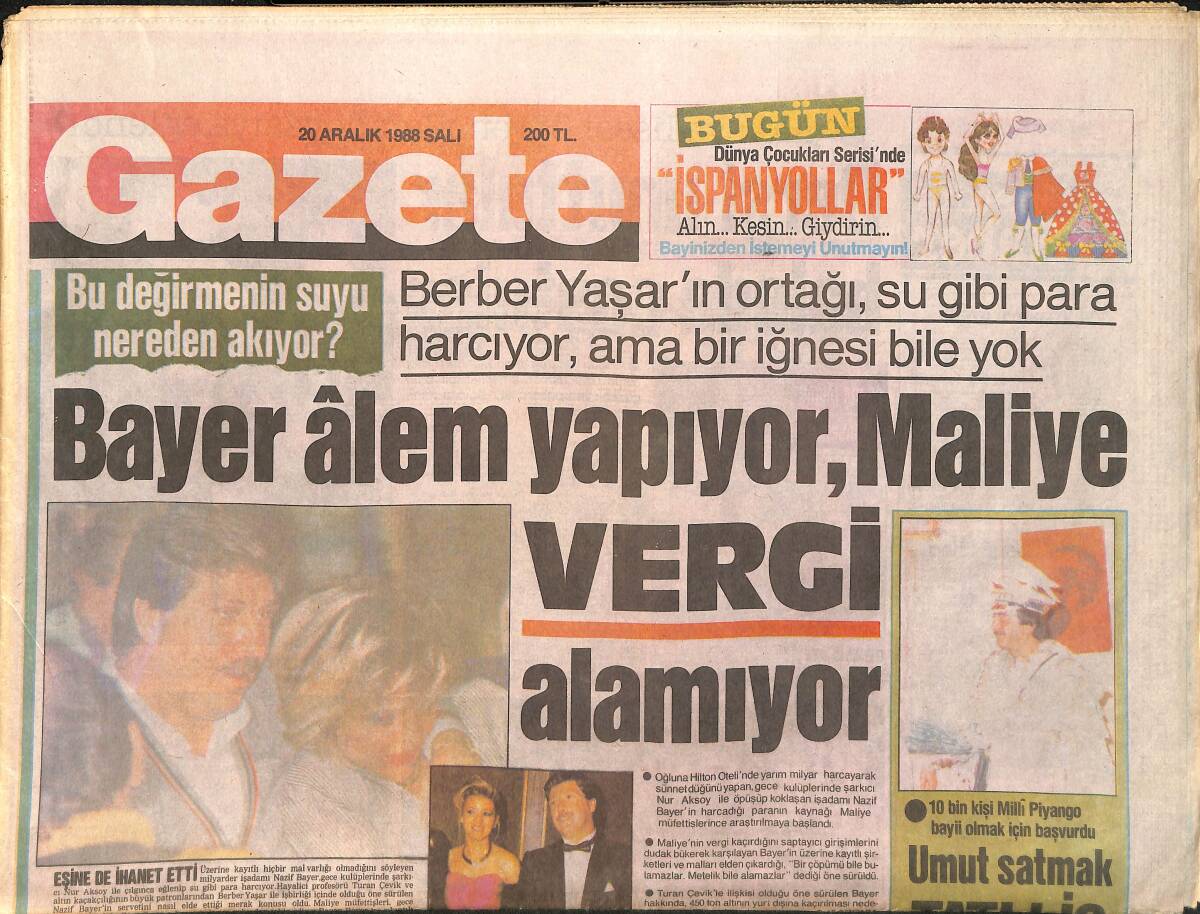 Gazete Gazetesi 20 Aralık 1988 - Bir Türkü'de Levent Kırca'dan - Bayer Alem Yapıyor Maliye Vergi Alamıyor GZ2908 - 1