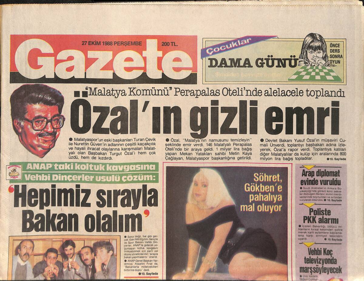 Gazete Gazetesi 27 Ekim 1988 - Özal'ın Gizli Emri - Fatma Girik Lahmacuncuları Fena Kızdırdı - TRT Avşar Kızına Teslim Oldu GZ3176 - 1