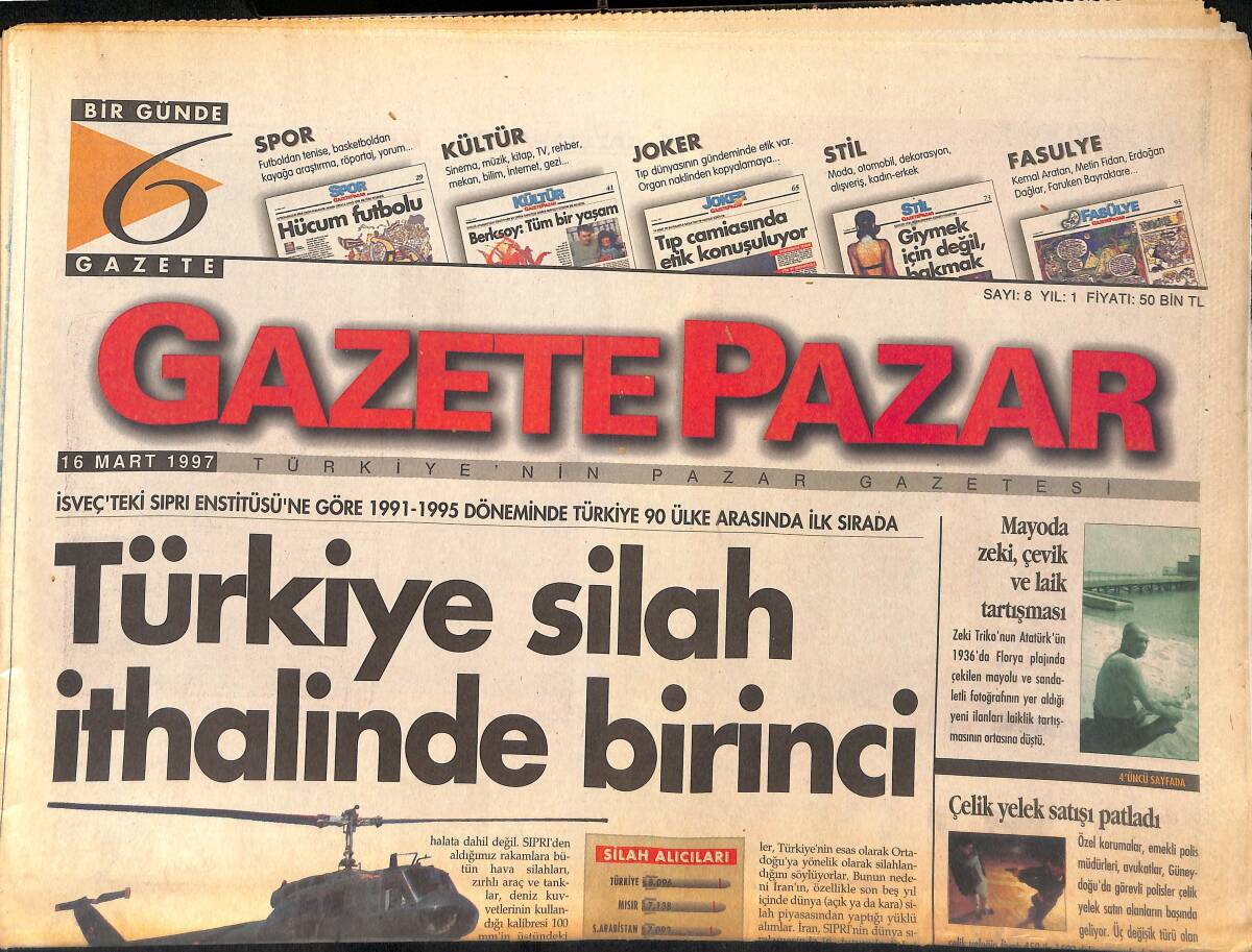 Gazete Pazar Gazetesi 16 Mart 1997 - Türkiye Silah İthalinde Birinci - Orhan Gencebay ''Bilgiden Korkmayalım Saygı Duyalım'' GZ155436 - 1