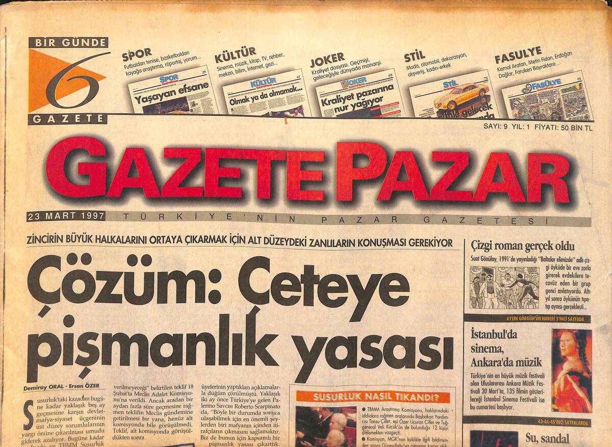 Gazete Pazar Gazetesi 23 Mart 1997 - Erbakan'ın Medya Atağı - Arabesk, Pop, Bilgisayar, Orhan Gencebay GZ147791 - 1
