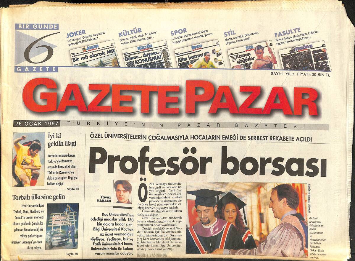 Gazete Pazar Gazetesi 26 Ocak 1997 - İyi Ki Geldin Hagi - Sezen Aksu'nun Piposu GZ147867 - 1