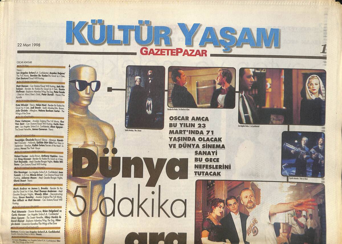 Gazete Pazar Gazetesi Kültür Yaşam Eki 22 Mart 1998 - Tarantino'ya Boykot Tehdidi GZ155472 - 1