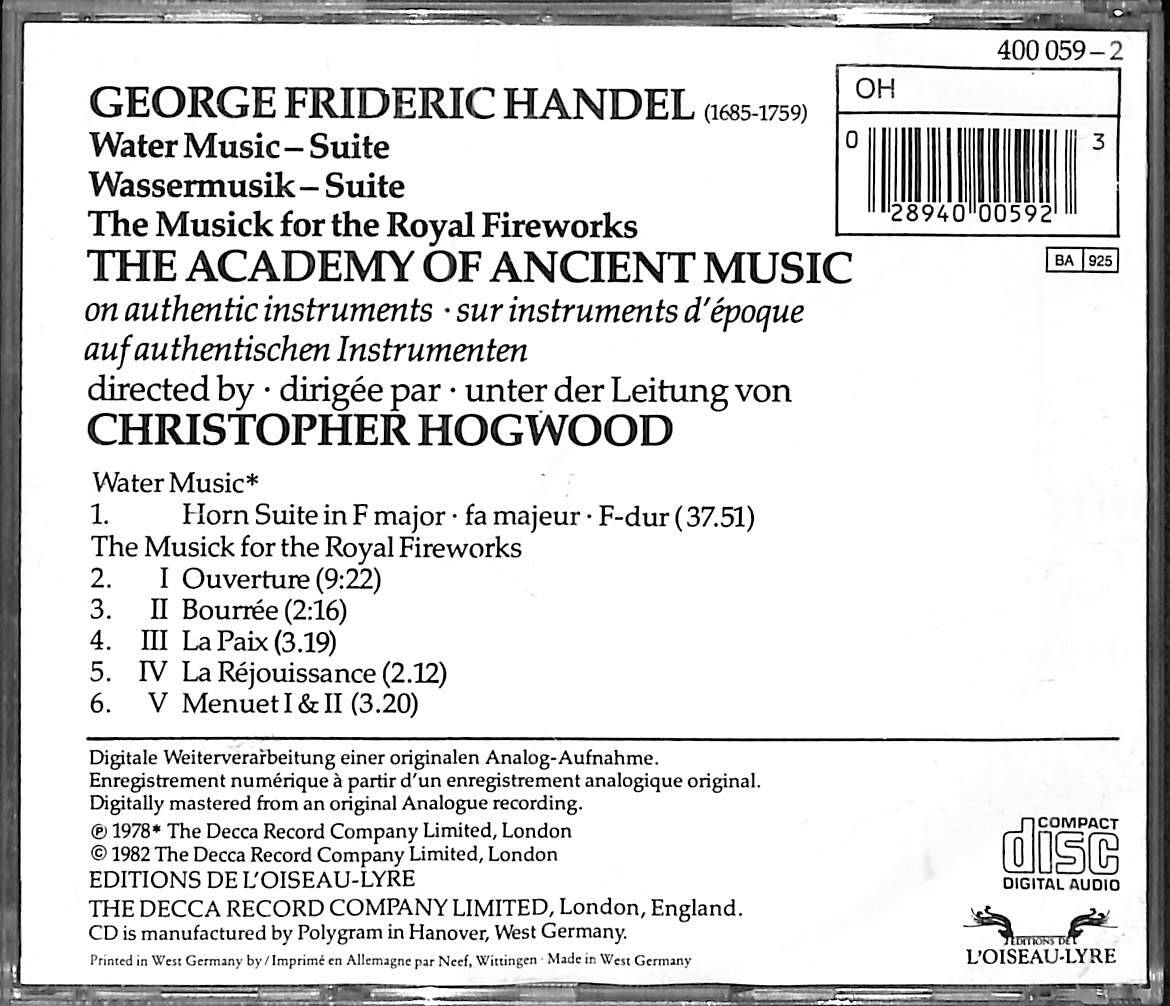 George Frideric Handel - The Academy Of Ancient Music, Christopher Hogwood CD (İkinci El) CD4256 - 2