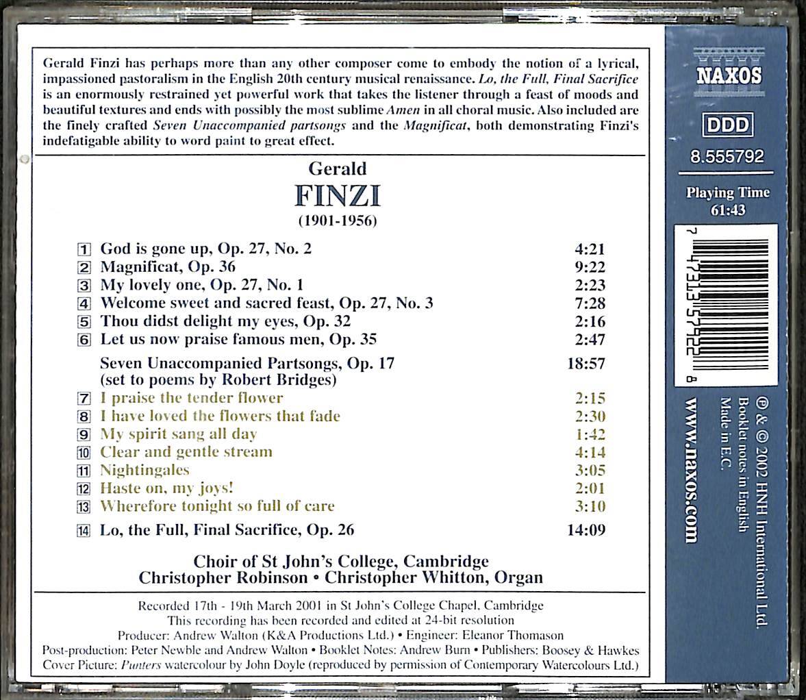 Gerald Finzi, St. John's College Choir, Christopher Robinson - Lo, The Full, Fin CD (İkinci El) CD3976 - 2