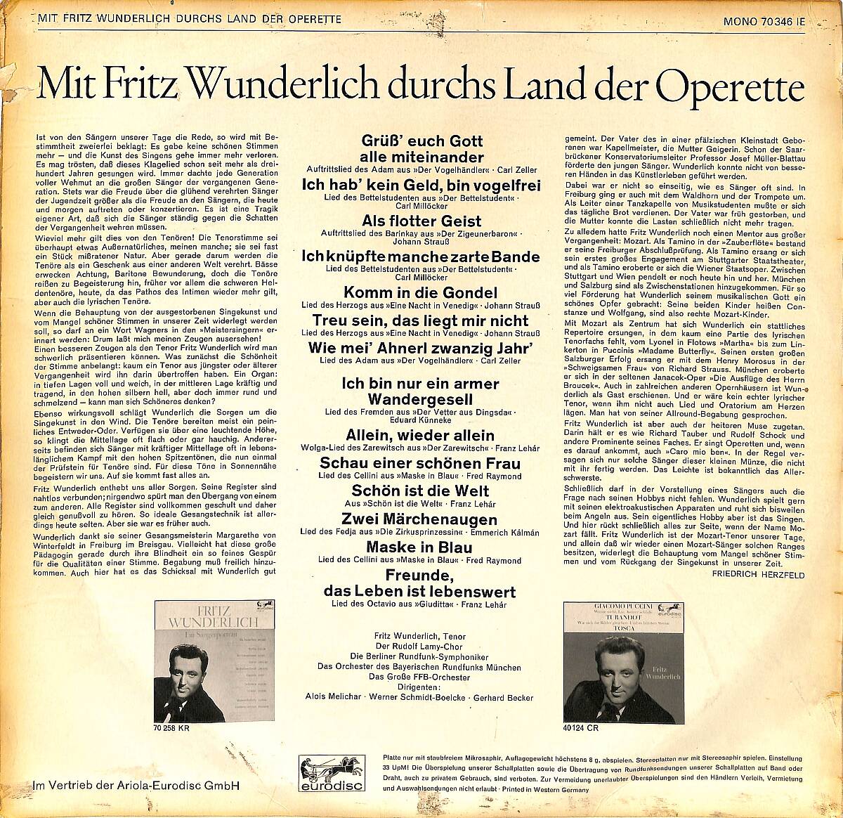 Fritz Wunderlich – Mit Fritz Wunderlich durchs Land der Operette | Eurodisc 33'lük LP (Long Play) PLAK (10/9) '' Batı Almanya Orijinal Dönem Baskı '' PLK28171 - 3