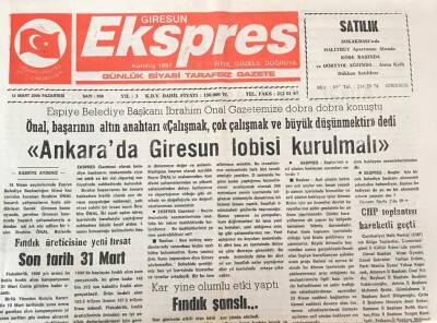 Giresun Ekspres Gazetesi 13 Mart 2000 - Kar Yine Olumlu Etki Yarattı Fındık Şanslı GZ30867 - 1