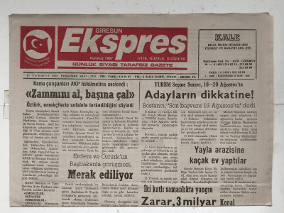Giresun Ekspres Gazetesi 17 Temmuz 2003 - Yayla Arazisine Kaçak Ev Yaptılar GZ5894 - 2