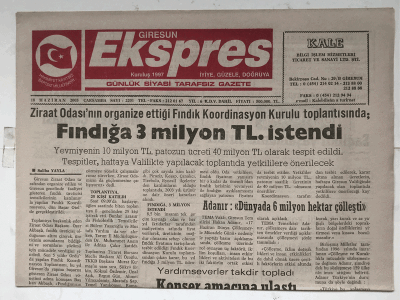 Giresun Ekspres Gazetesi 18 Haziran 2003 - Fındığa 3 Milyon TL İstendi GZ5739 - 2