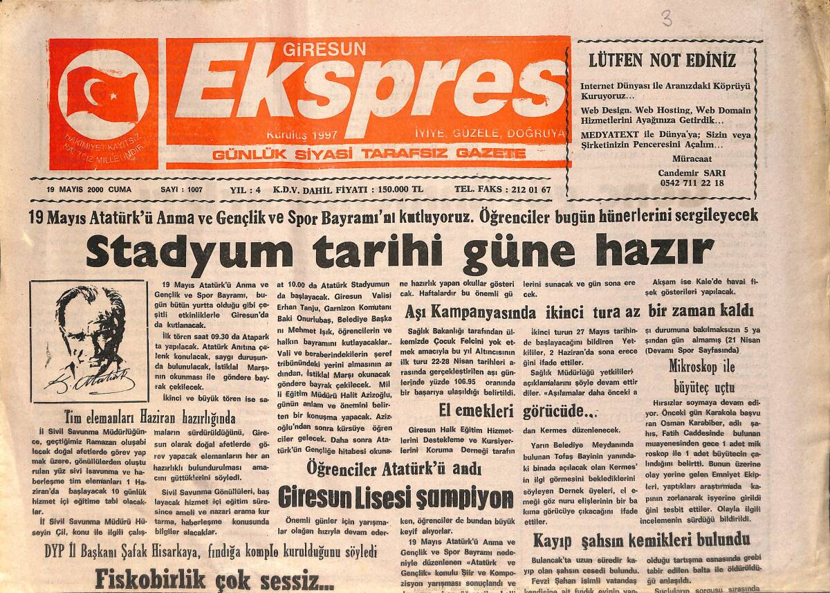 Giresun Ekspres Gazetesi 19 Mayıs 2000 - Giresun Lisesi Şampiyon - Giresunspor Sıkı Çalışıyor GZ2115 - 1