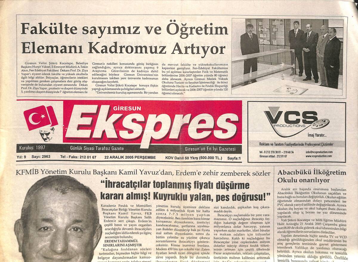 Giresun Ekspres Gazetesi 22 Aralık 2005 - MHP'de Kan Değişimi - Görele İle İlgili Deprem Araştırması GZ3431 - 1