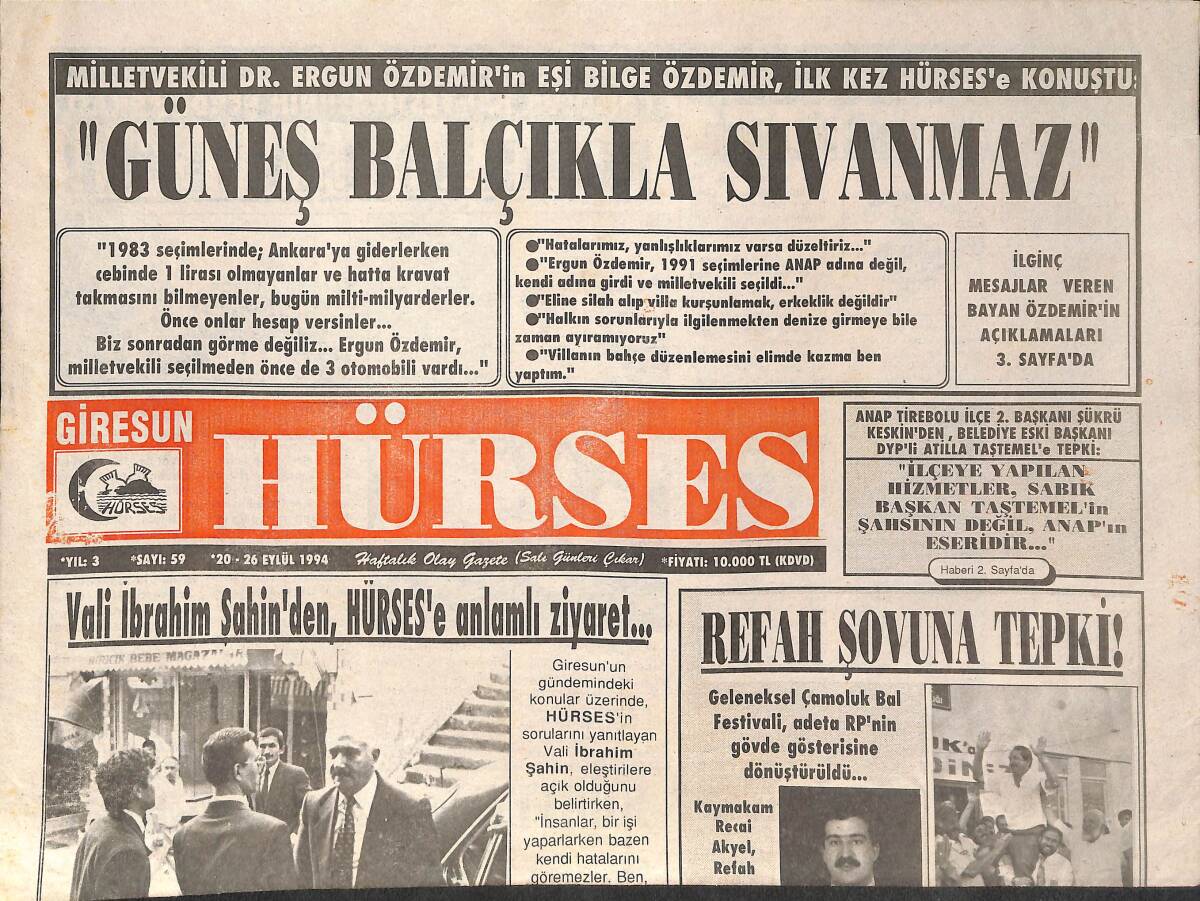Giresun Gazetesi Hürses Eki 20-26 Eylül 1994 - Vali İbrahim Şahin'den , Hürses'e Anlamlı Ziyaret... - Bulancak'ta Çileli Eğitim GZ137801 - 1