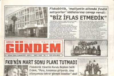 Giresun Gündem Gazetesi 1 Nisan 2006 - Fiskobirlikİflas Etmedik GZ108794 - 1