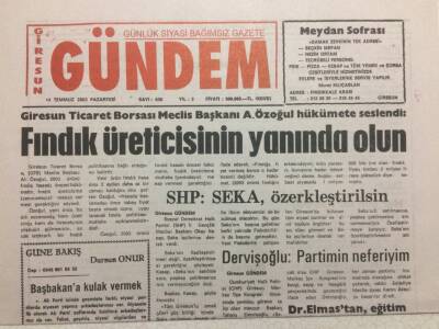 Giresun Gündem Gazetesi 14 Temmuz 2003 - Fındık Üreticisinin Yanında Olun GZ38433 - 1
