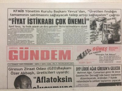 Giresun Gündem Gazetesi 14 Temmuz 2005 - Fındığın Fiyat İstikrarı Çok Önemli GZ24079 - 1