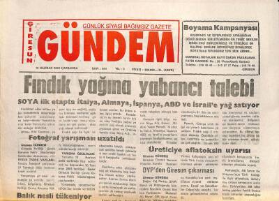 Giresun Gündem Gazetesi 18 Haziran 2003 - Fındık Yağına Yabancı Talebi GZ101564 - 2