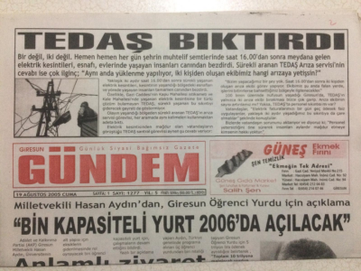Giresun Gündem Gazetesi 19 Ağustos 2005 - Tedaş Bıktırdı GZ24062 - 1