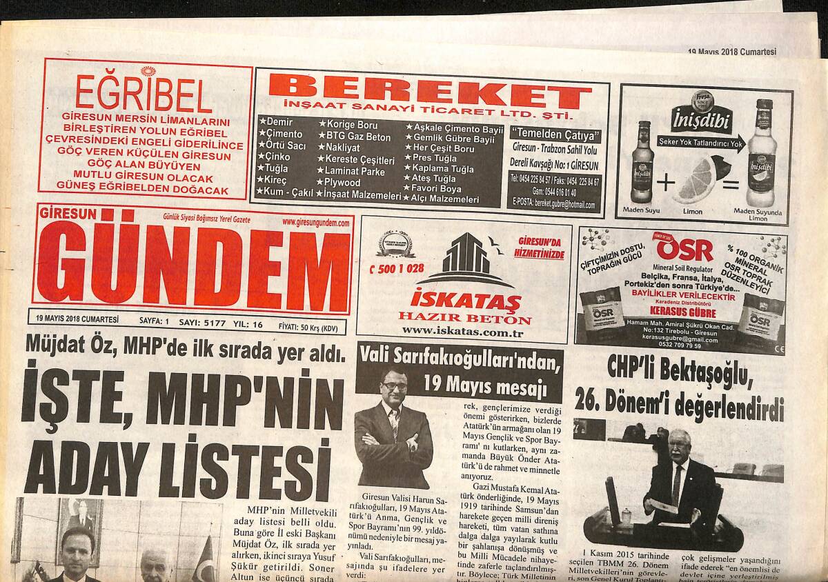 Giresun Gündem Gazetesi 19 Mayıs 2018 - MHP'nin Aday Listesi - AKP'li Şenlikoğlu'ndan 19 Mayıs Mesajı GZ154323 - 1