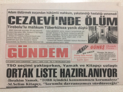 Giresun Gündem Gazetesi 19 Şubat 2005 - Cezaevinde Ölüm GZ23986 - 1