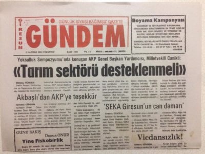 Giresun Gündem Gazetesi 2 Haziran 2003 - Tarım Sektörü Desteklenmeli GZ23956 - 1