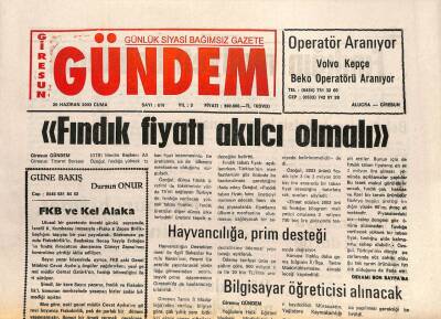 Giresun Gündem Gazetesi 20 Haziran 2003 - Hayvancılığa Prim Desteği GZ101562 - 1