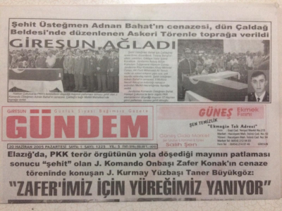 Giresun Gündem Gazetesi 20 Haziran 2005 - Şehit Üsteğmen Adnan Bahat,Giresun Ağladı GZ24057 - 1