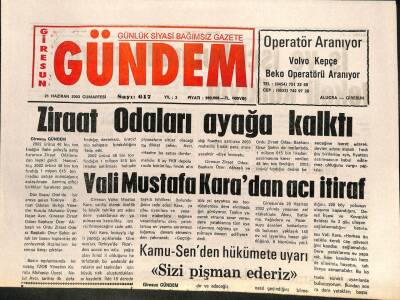 Giresun Gündem Gazetesi 21 Haziran 2003 - Ziraat Odaları Ayağa Kalktı GZ101561 - 1