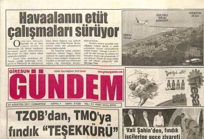 Giresun Gündem Gazetesi 27 Ağustos 2011 - TZOBdan TMOya Fındık Teşekkürü GZ101971 - 2
