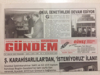 Giresun Gündem Gazetesi 29 Aralık 2005 - Şebinkarahisarlılar dan İstemiyoruz İlanı GZ24030 - 1