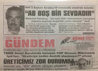 Giresun Gündem Gazetesi 3 Haziran 2005 - Üreticimiz Zor Durumda GZ23974 - 1