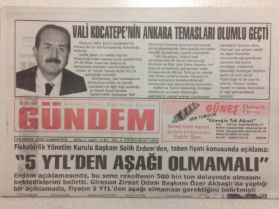 Giresun Gündem Gazetesi 30 Nisan 2005 - Taban Fiyat 5 YTLden Aşağı Olmamalı GZ23991 - 1