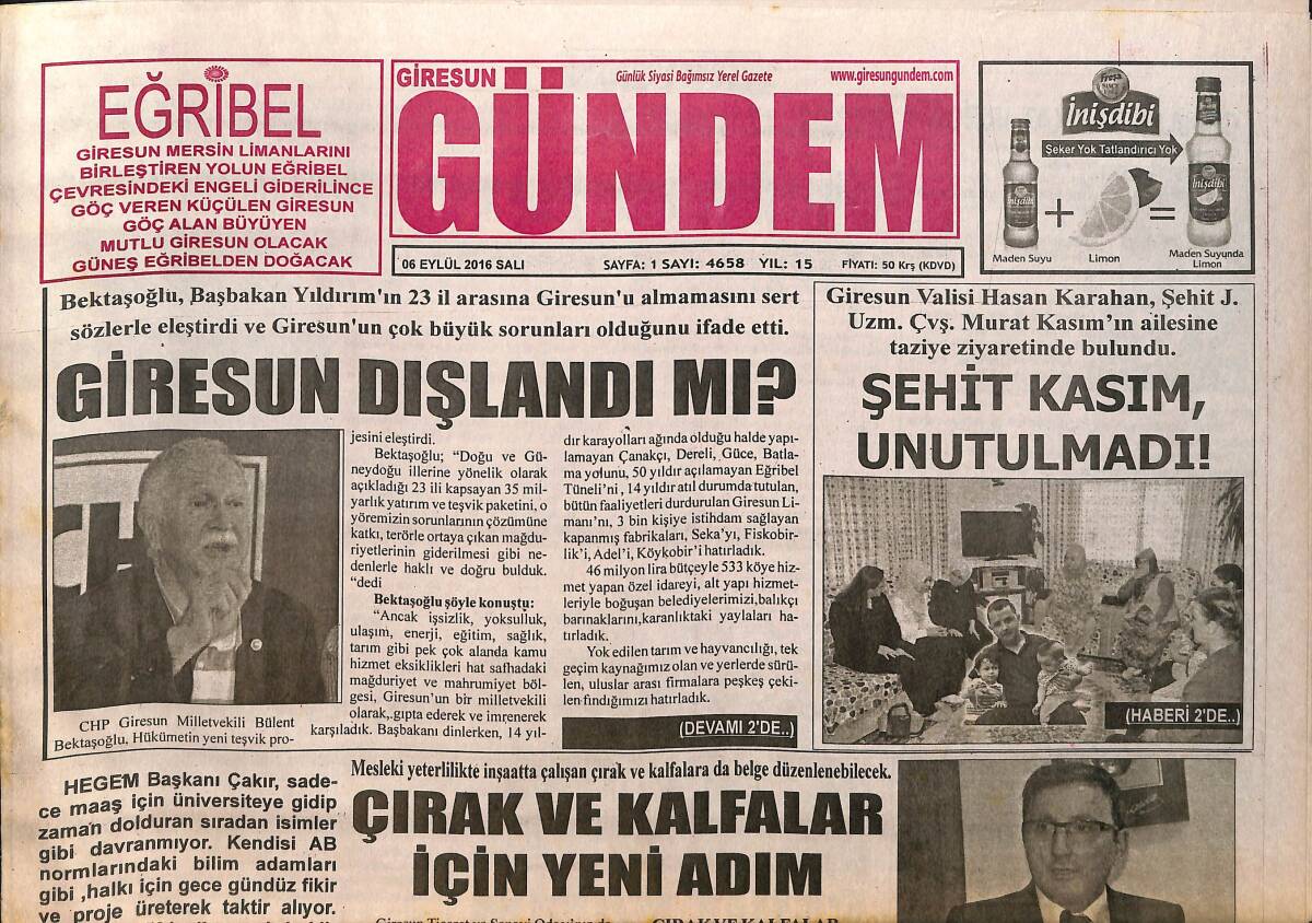 Giresun Gündem Gazetesi 6 Eylül 2016 - Tirebolu Kuşkaya'da Ateş Ne Zaman Sönecek - Giresunspor Rakibine Kafa Tuttu 