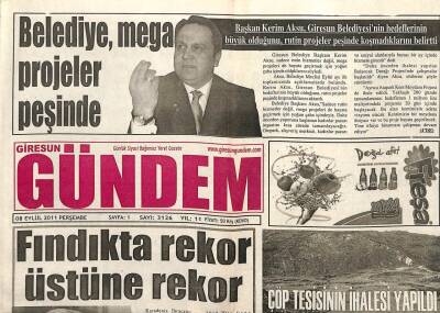 Giresun Gündem Gazetesi 8 Eylül 2011 - Fındıkta Rekor Üstüne Rekor GZ101972 - 1