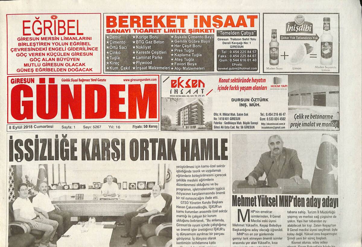 Giresun Gündem Gazetesi 8 Eylül 2018 - İşsizliğe Karşı Ortak Hamle - Mehmet Yüksel, MHP'den Aday Adayı GZ154322 - 1