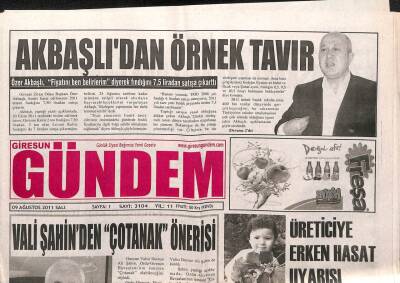 Giresun Gündem Gazetesi 9 Ağustos 2011 - Vali Şahinden Çotanak Önerisi GZ108095 - 1