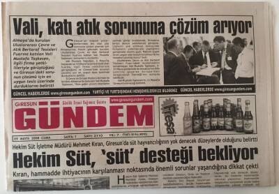 Giresun Gündem Gazetesi 9 Mayıs 2008 - Hekim Süt Süt Desteği Bekliyor GZ28884 - 1