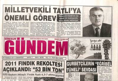 Giresun Gündem Gazetesi 9 Temmuz 2011 - Milletvekili Tatlıya Önemli Görev GZ108101 - 1
