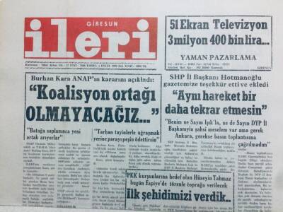 Giresun İleri Gazetesi 1 Eylül 1992 - Koalisyon Ortağı Olmayacağız GZ41466 - 1