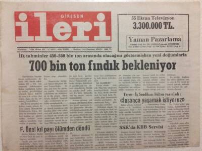 Giresun İleri Gazetesi 1 Haziran 1992 - 700 Bin Ton Fındık Bekleniyor GZ32770 - 1