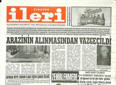 Giresun İleri Gazetesi 1 Haziran 2006 - Zehirlenmede Sayı 94e Ulaştı GZ97212 - 1