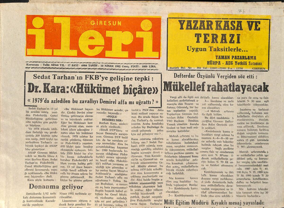 Giresun İleri Gazetesi 10 Nisan 1990 - Giresunspor'un Keyfi Gıcır - Valiye Bektaş Raporu GZ2017 - 1