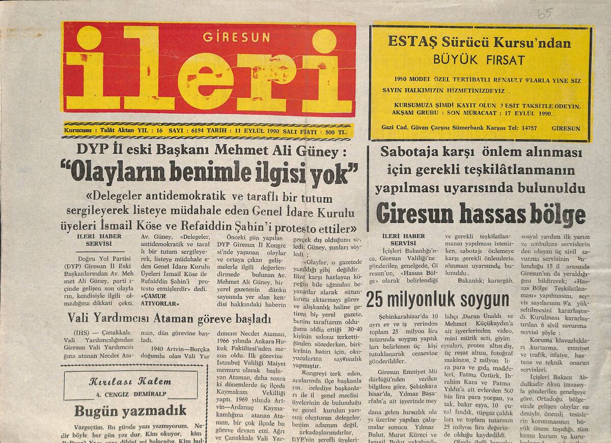 Giresun İleri Gazetesi 11 Eylül 1990 - Giresun Hassas Bölge - Görele Bekledi, Bulancak Puan Verdi GZ2088 - 1