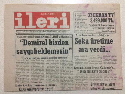 Giresun İleri Gazetesi 11 Mayıs 1993 - Demirel Bizden Saygı Beklemesin GZ24109 - 1